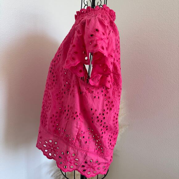 Jennifer + Grace Pink Eyelet Lace Ruffle Short Flutter Sleeve Cotton Blouse M - Picture 5 of 8